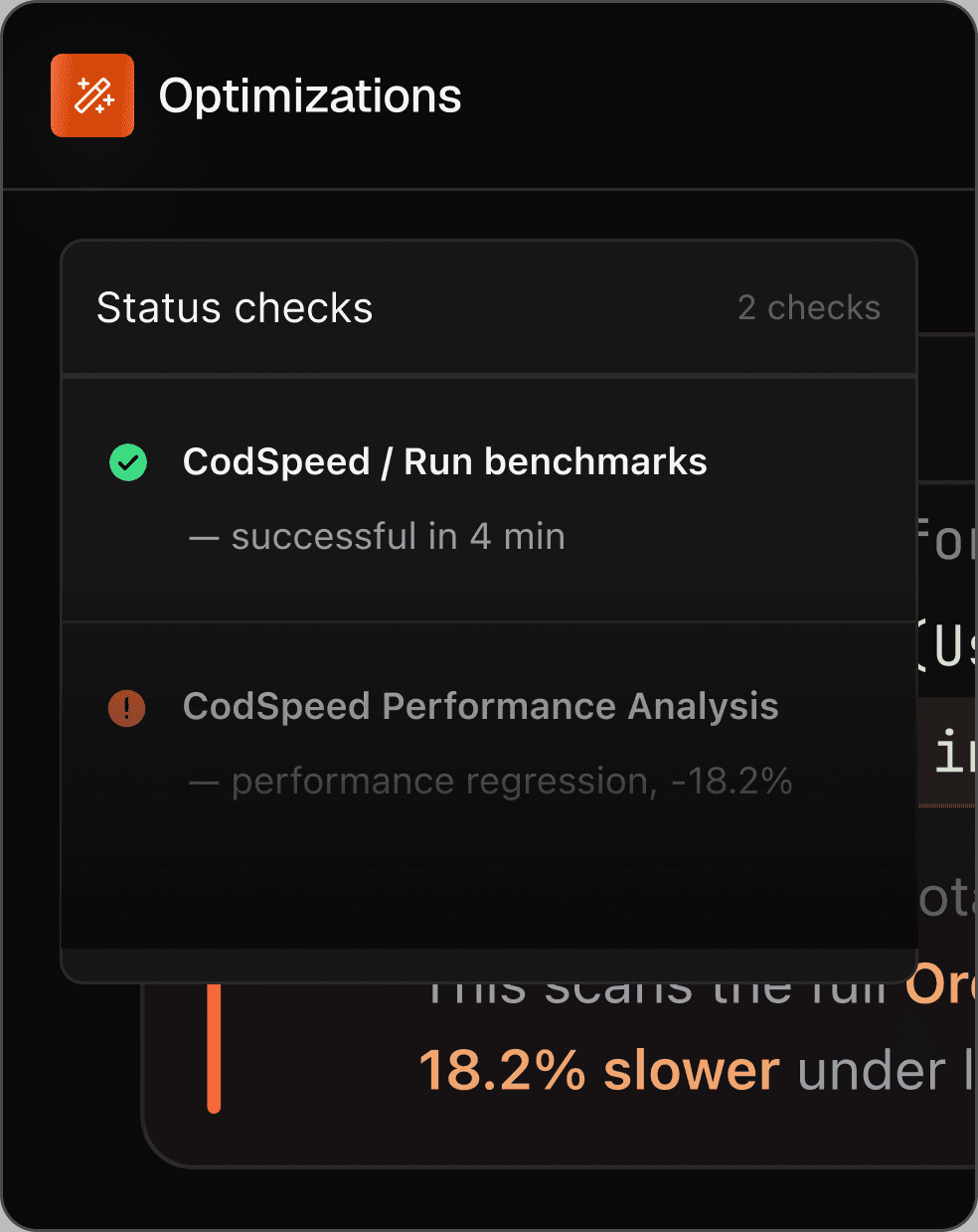 A changed line in services/users.py annotated by codspeedbot: the query scans the full Order table on every call, 18.2% slower under load than an indexed lookup. Alongside it, GitHub status checks — benchmarks ran successfully, performance analysis reports the regression.